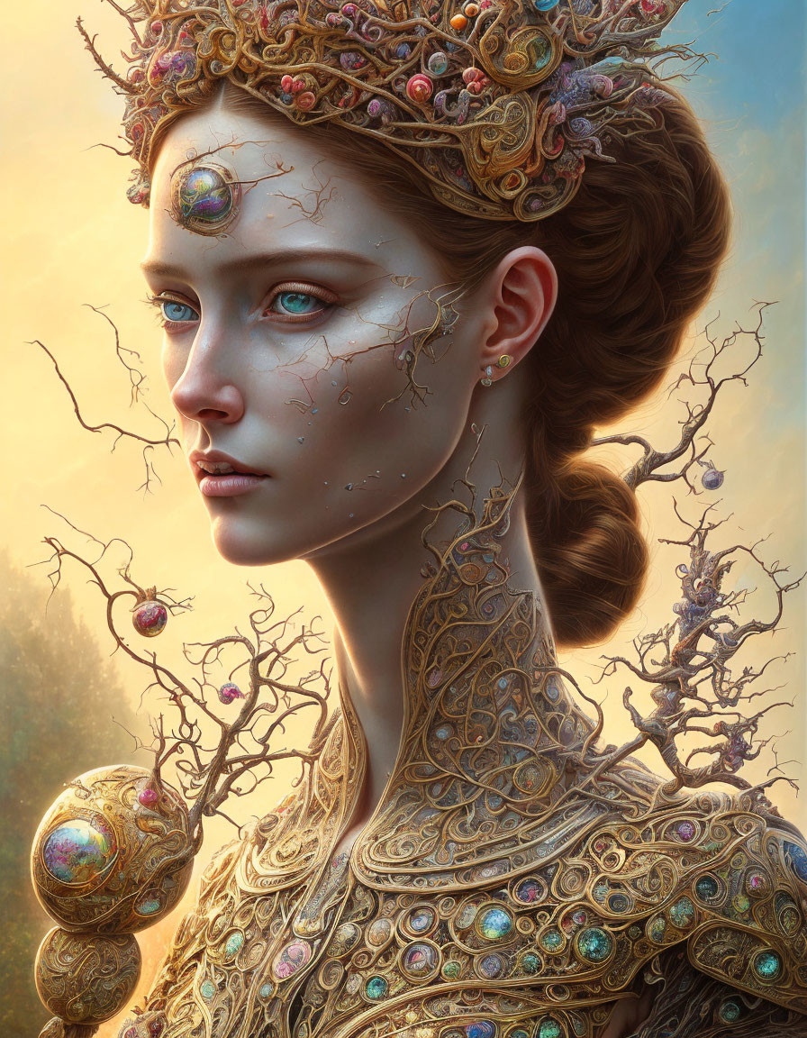 Digital art portrait of woman with ornate golden jewelry and intricate tree-like designs.