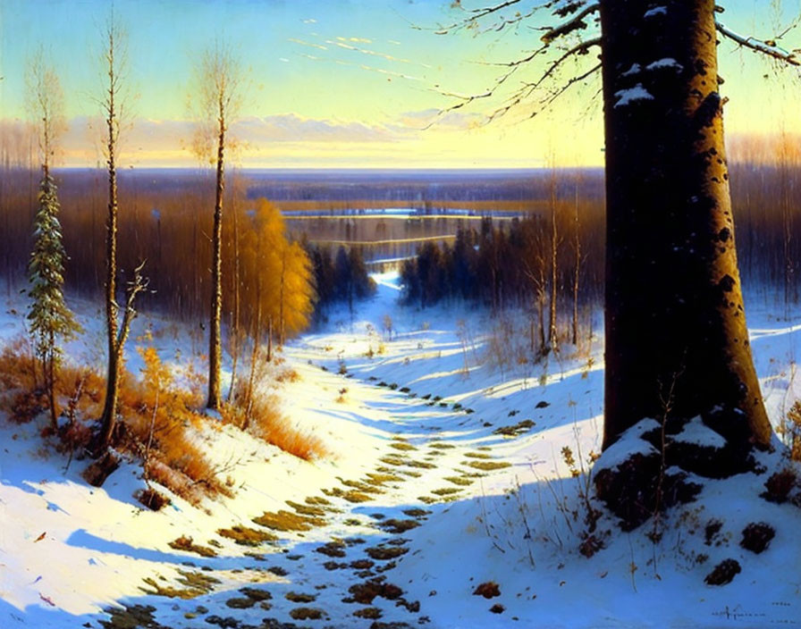 Winter landscape painting: snowy path, birch trees, golden light, reflective water