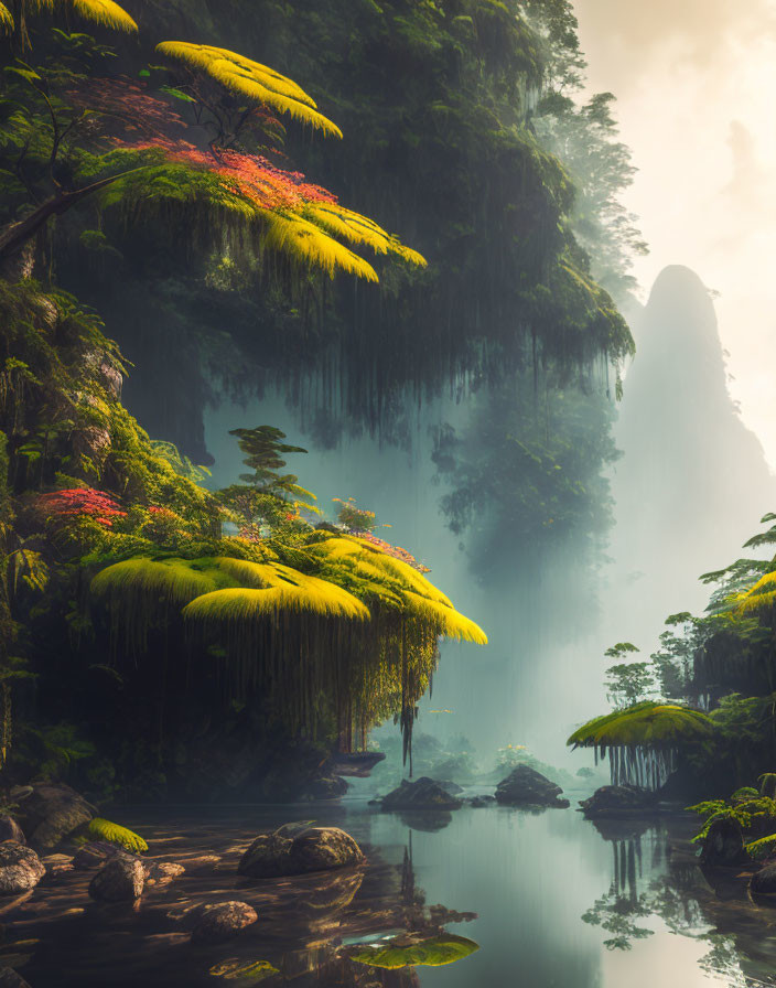 Mystical Forest Scene with Sunbeams and River Bend