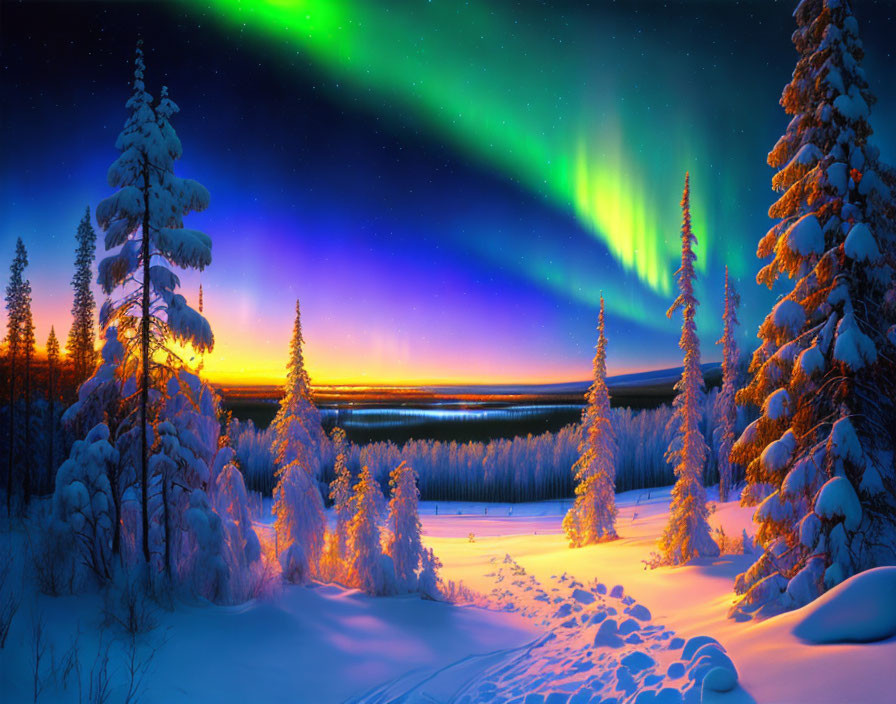 Majestic Aurora Borealis over Snowy Winter Landscape