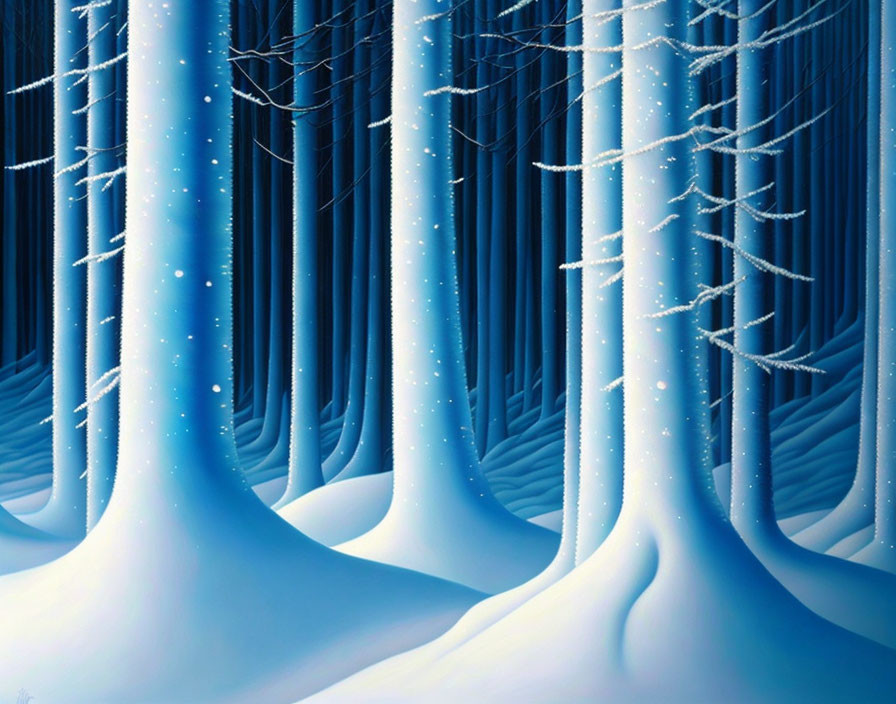 Snow-covered forest illustration under night sky with falling snowflakes