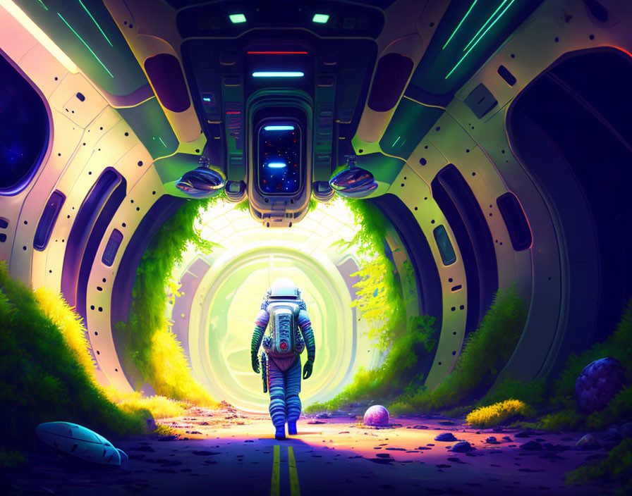 Astronaut walking in vibrant, overgrown spaceship corridor towards bright portal