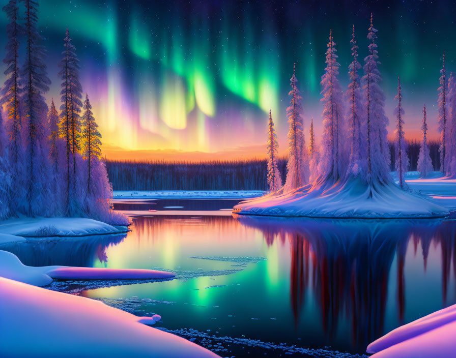 Northern Lights shine over snowy forest lake at twilight