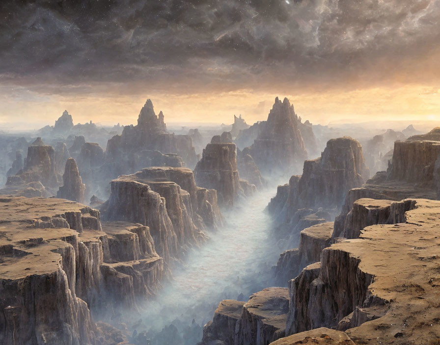 Majestic rock formations and misty river under stormy sunset sky