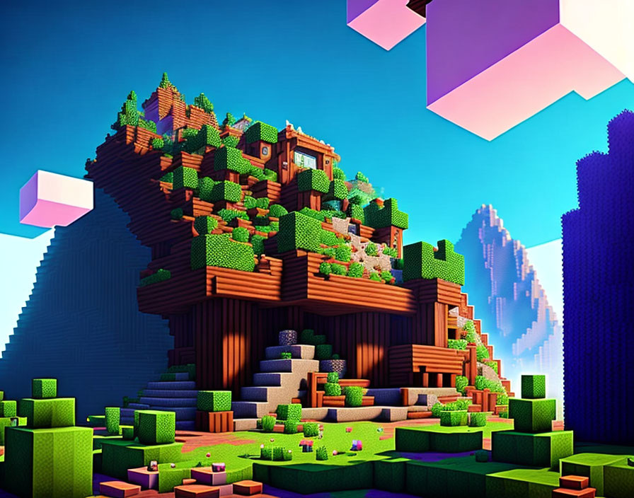 Colorful Voxel Landscape with Floating Island and Pixel Art Style