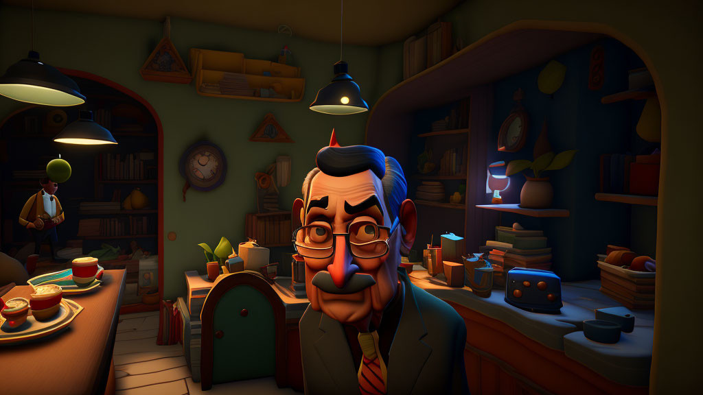 Surprised man in room with books, toaster, pancakes, and another person