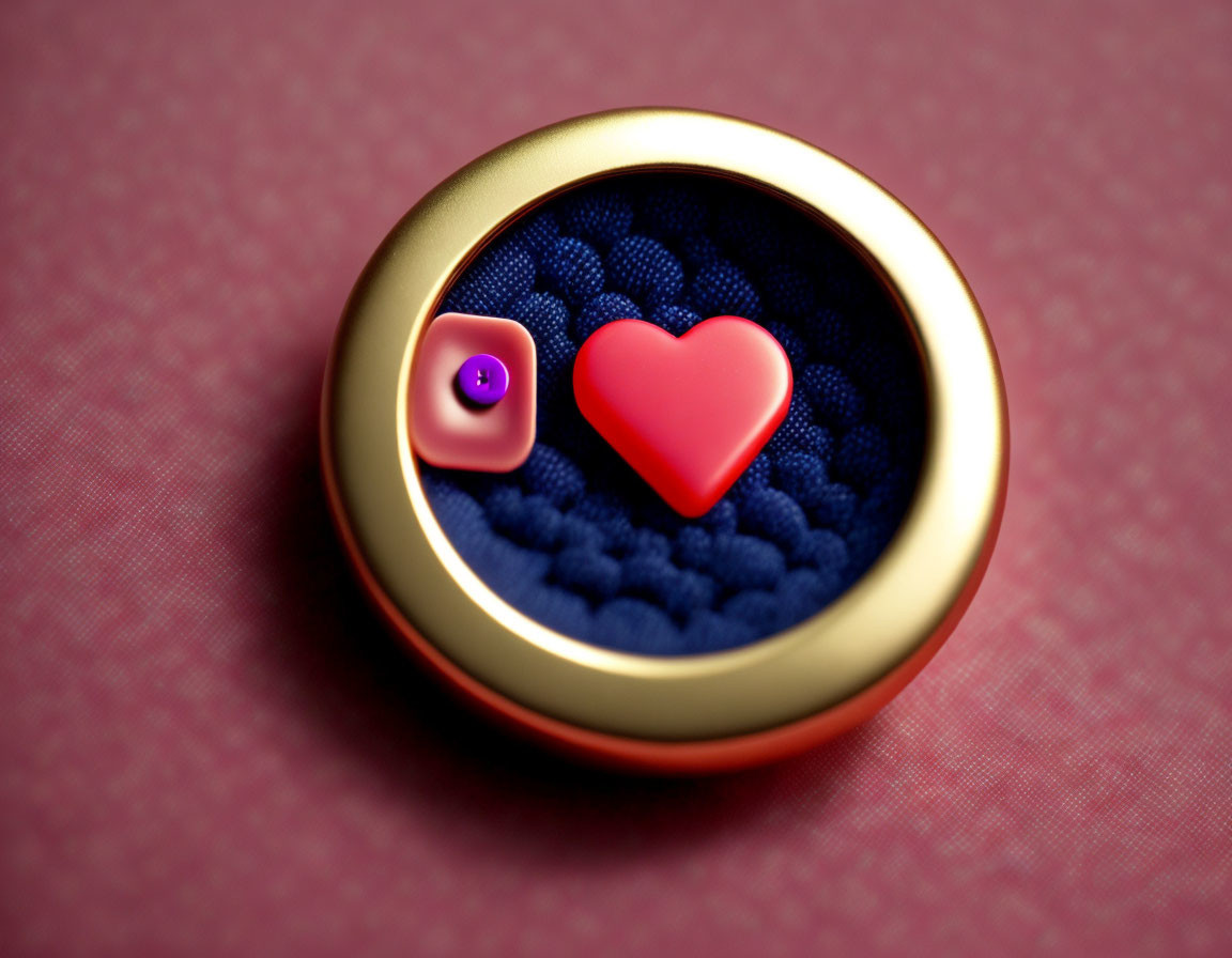 Heart-shaped red object on blue textured surface in circular frame with purple button on pink background