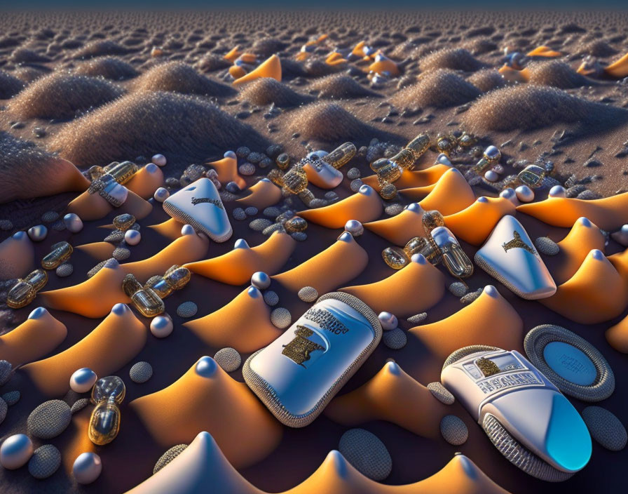 Sandy landscape with scattered electric shaver clippers and silver balls