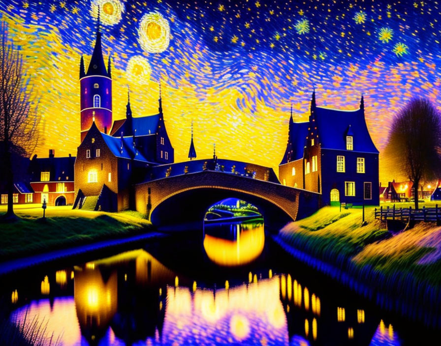 Digitally altered image: Van Gogh-style starry night sky blending with canal scene at twilight