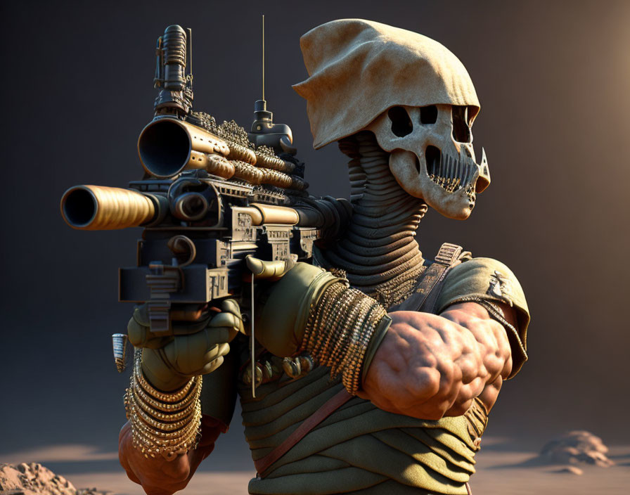 Skull-masked figure in tactical gear with customized gun in desert scene