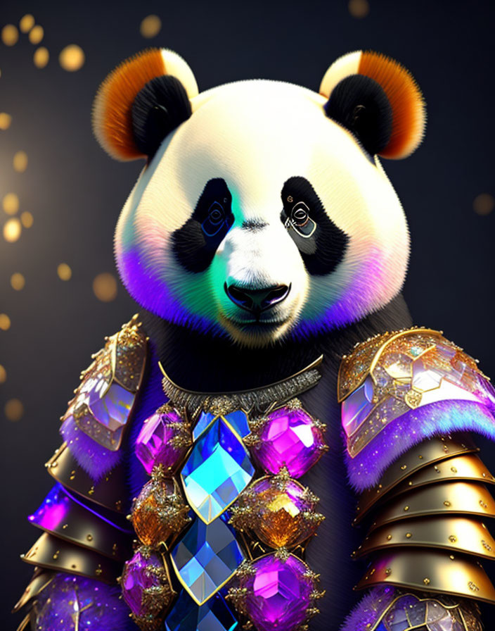 Stylized panda in fantasy armor against dark background