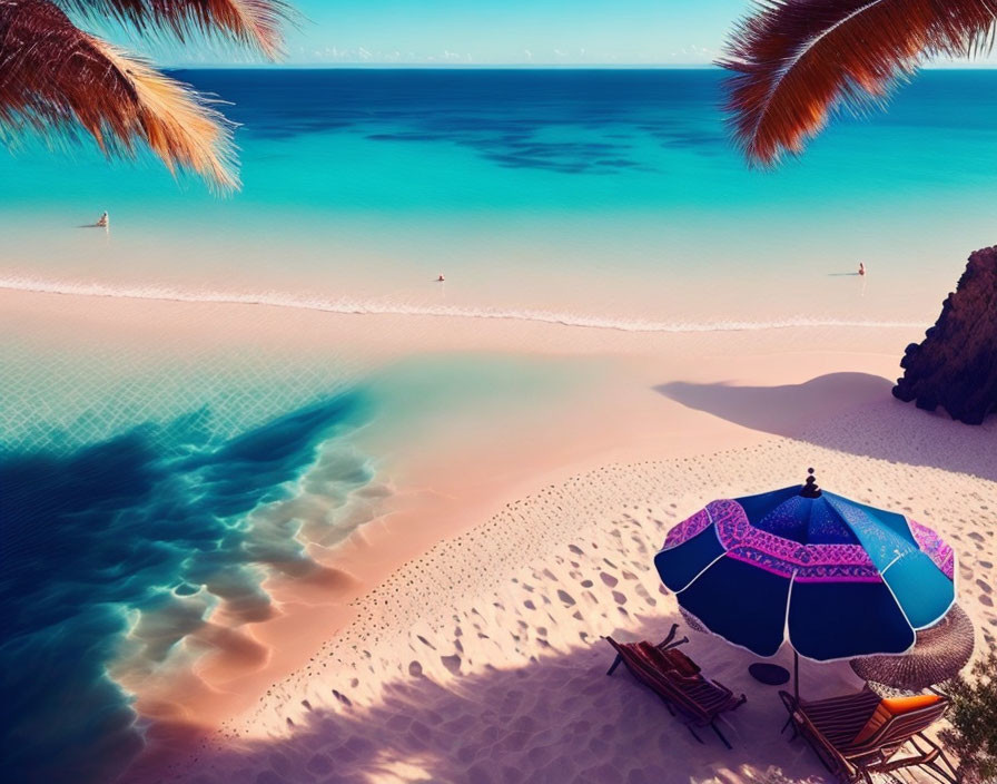 Tropical beach scene with blue and purple umbrella, sun loungers, clear aqua waters, sail