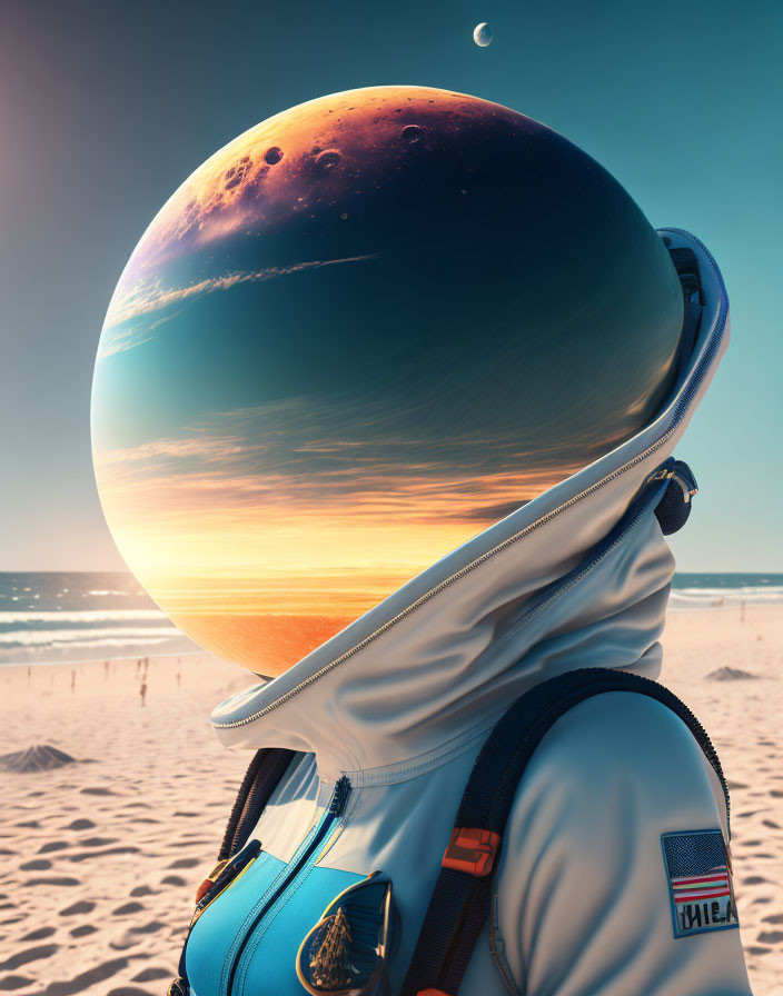 Astronaut on sandy beach with large planet rising at sunset