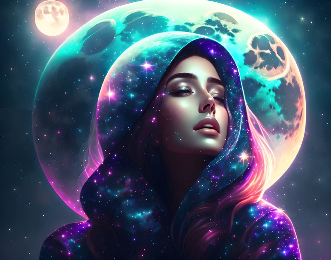 Cosmic-themed woman with celestial cape and star-filled aura on vibrant moon backdrop