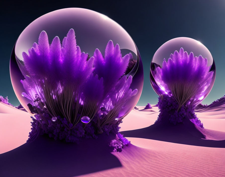 Shiny spheres on purple sandy terrain with violet crystals.