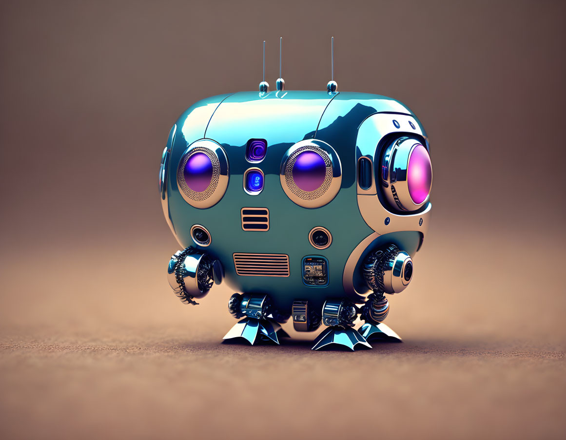 Blue cartoon-style robot with antennas on brown background