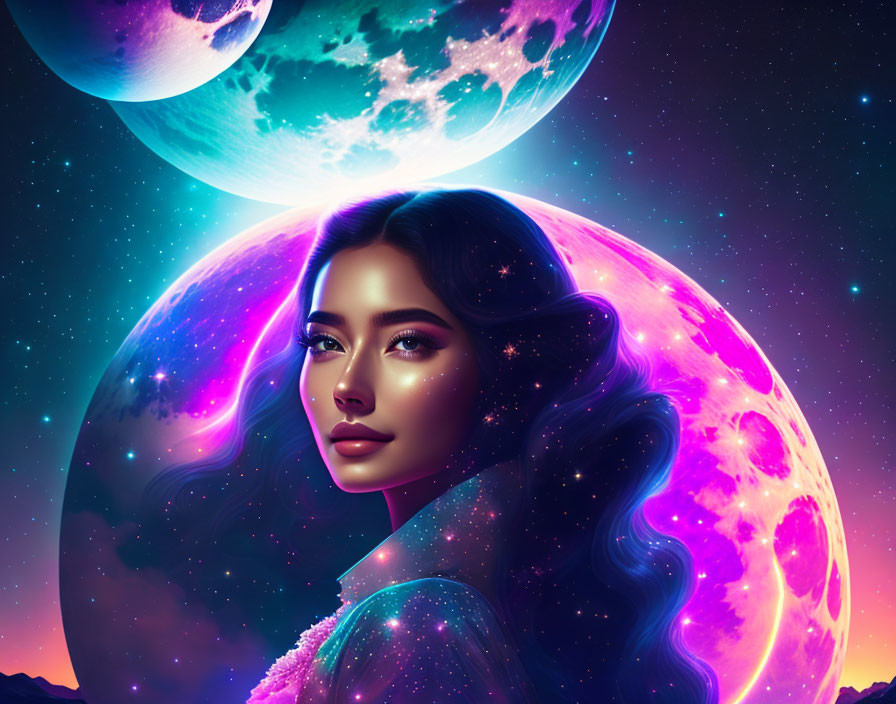 Surreal portrait of woman with cosmic features and celestial backdrop