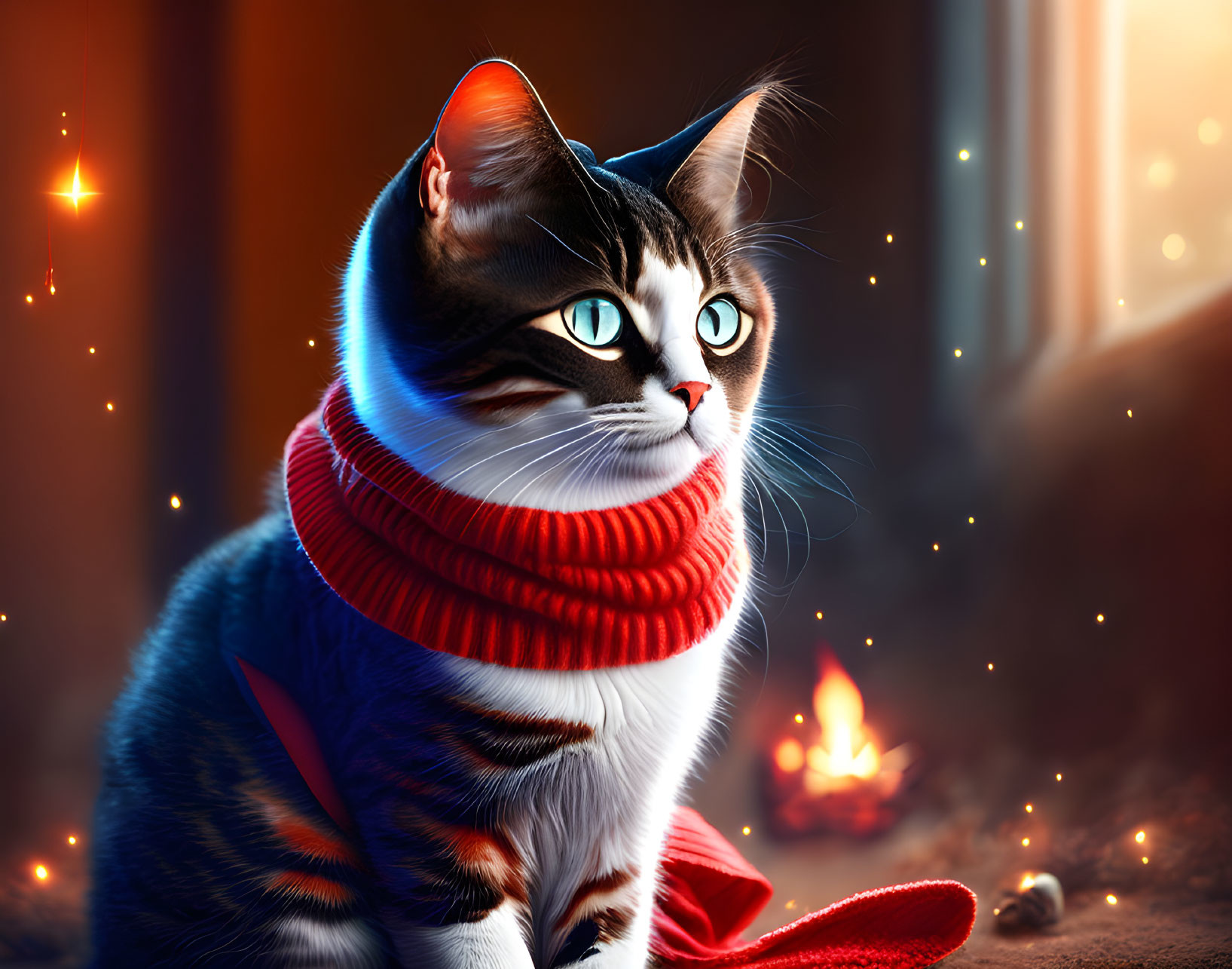 Colorful Cat Artwork: Cat in Red Scarf by Fireplace