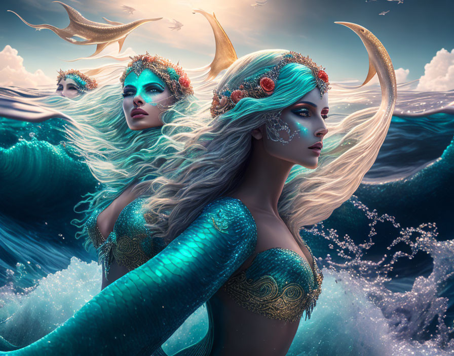 Mystical mermaids with blue hair and horns in oceanic scene