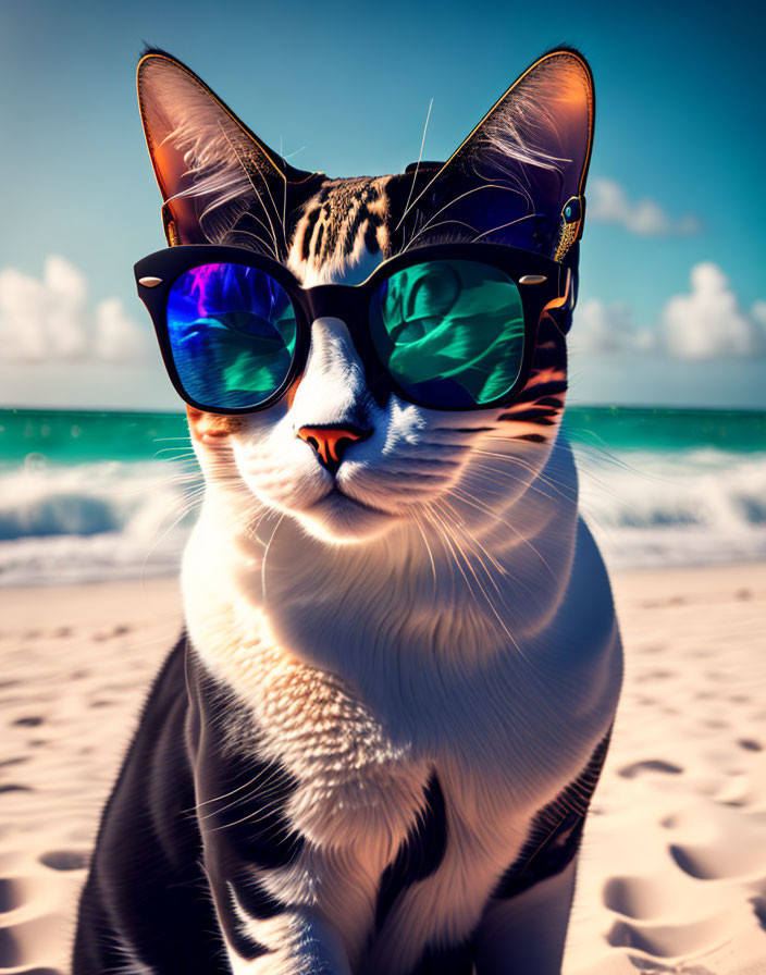 Cat with Sunglasses Relaxing on Sunny Beach Scene