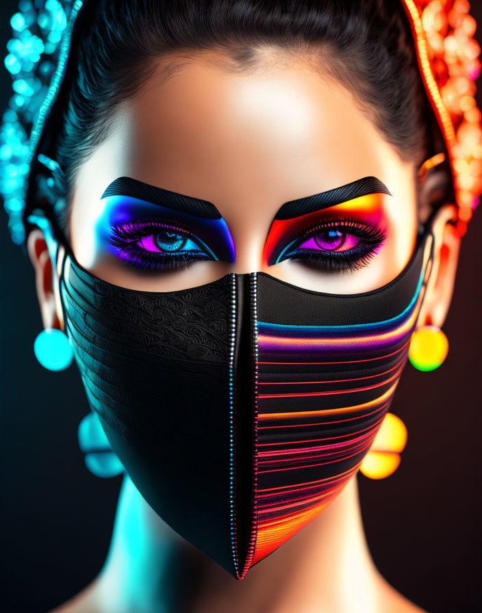 Colorful eyeshadow and bold makeup with stylish black face mask and zipper