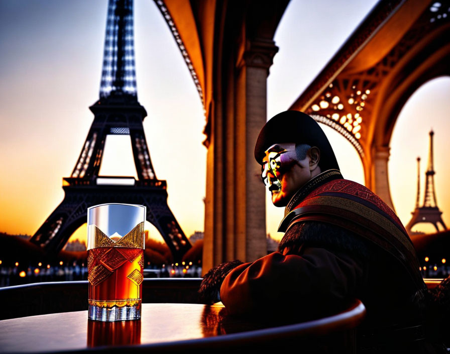 Person in warm clothing admires Eiffel Tower at dusk near decorative glass and bridge arch.