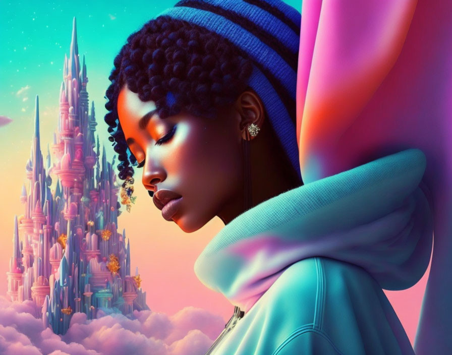 Dark-skinned woman with curly hair against whimsical castle backdrop under pink and blue sky