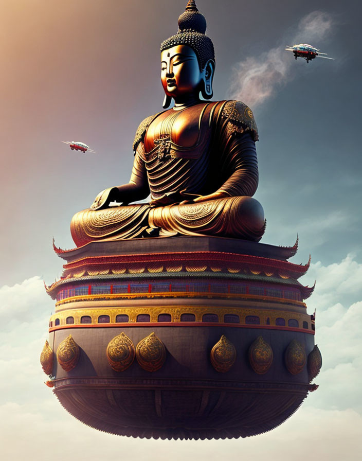 Giant Buddha statue on floating temple with drones under cloudy sky