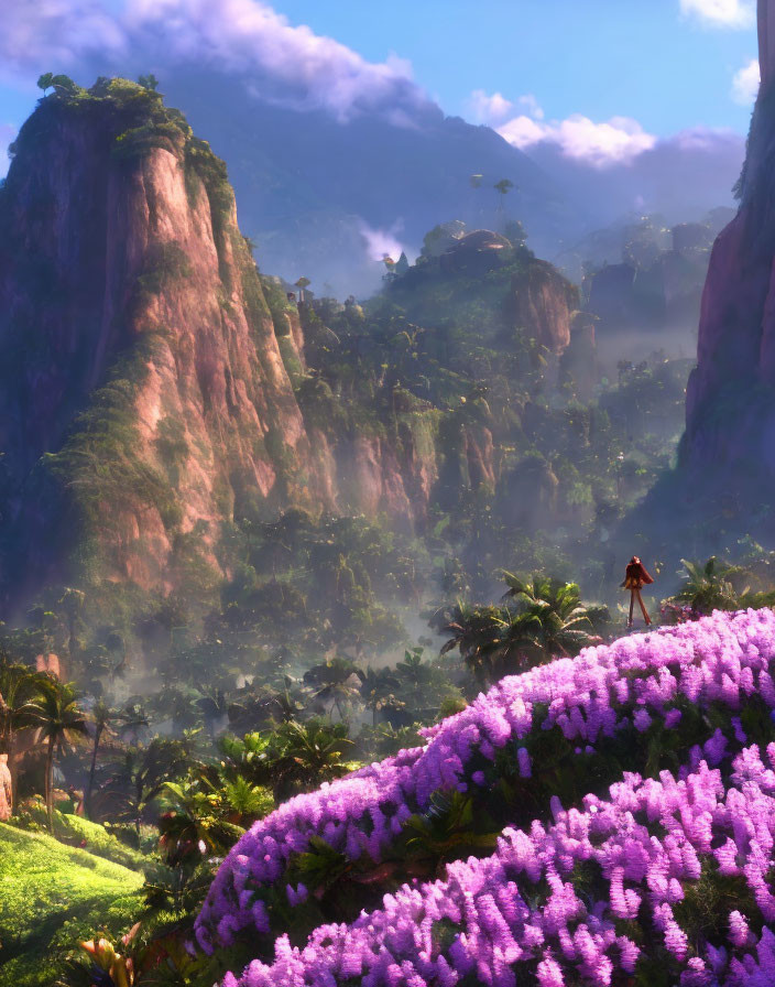 Lush Greenery, Towering Cliffs, Purple Flowers in Animated Landscape