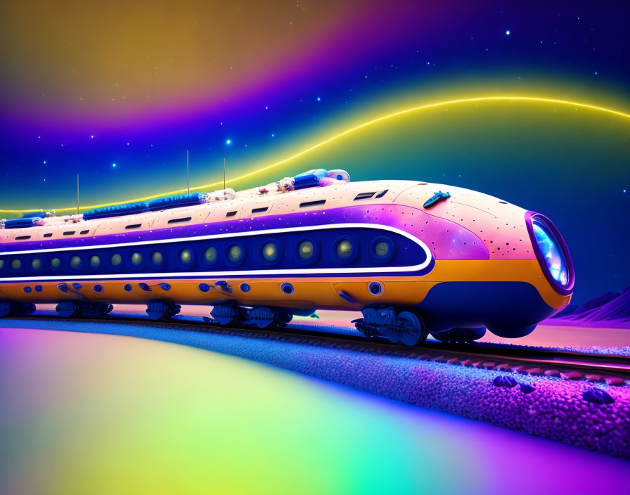 Sleek futuristic train under vibrant aurora in neon-lit landscape