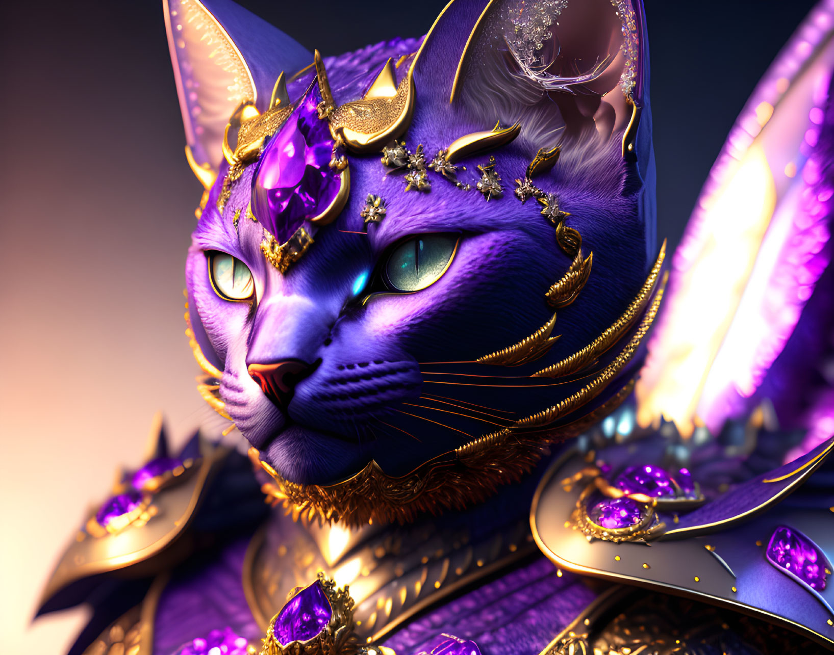 Blue Cat in Golden Armor and Crown with Gemstones