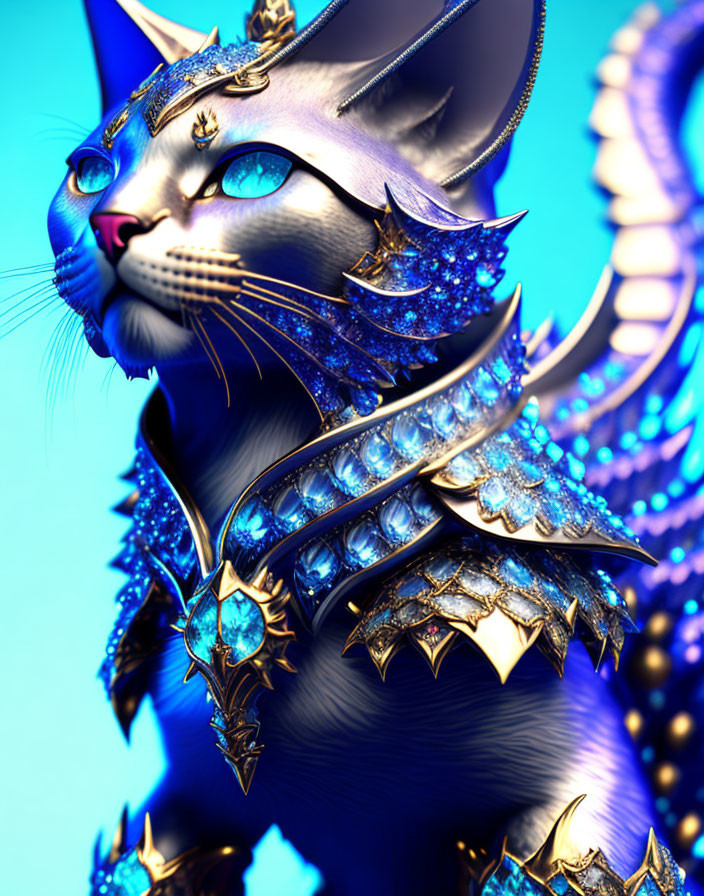 Armored Cat with Blue and Golden Armor on Blue Background