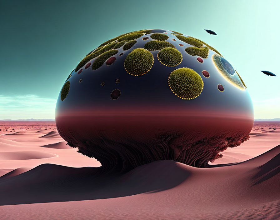 Surreal landscape with spherical tree trunk object in desert setting