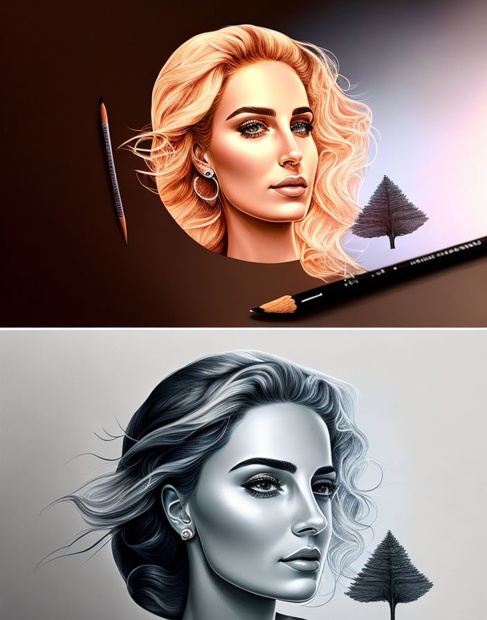 Stylized portraits of a woman in color and grayscale with makeup theme brushes, connected by tree silhouette