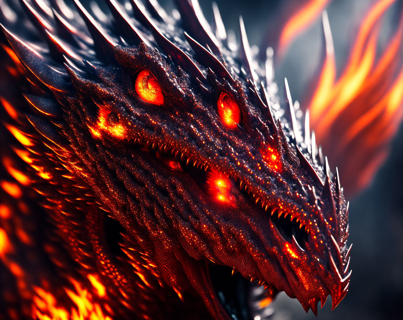 Mythical multi-headed dragon with glowing red eyes and fiery scales