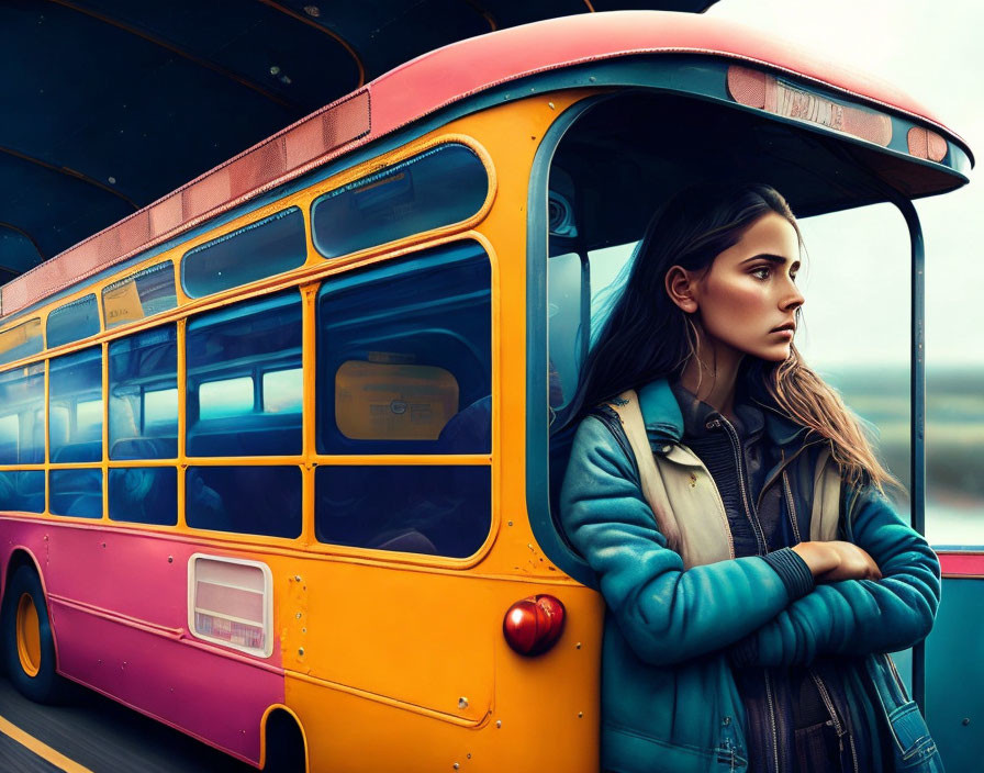 Woman standing beside vintage bus under moody sky