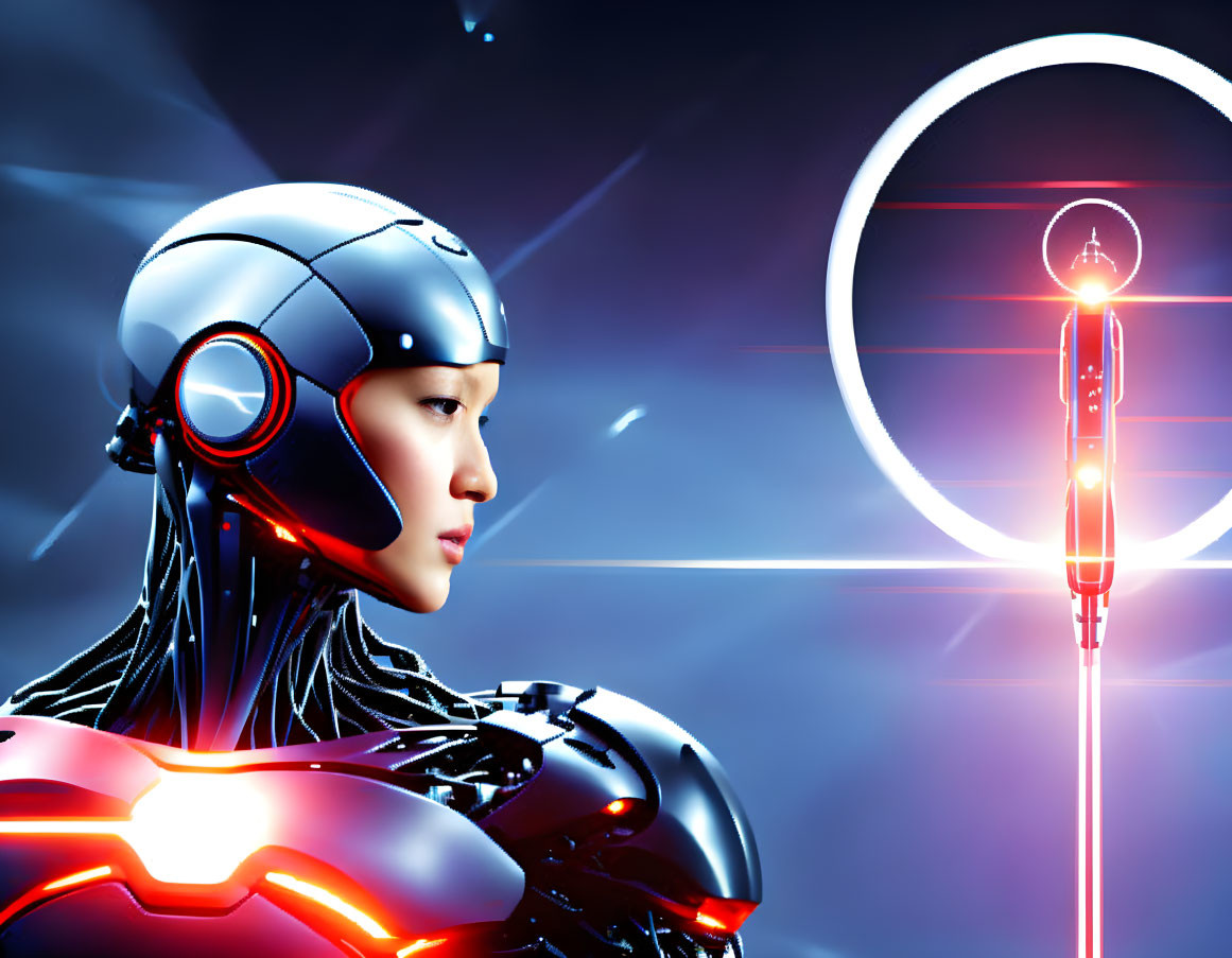 Futuristic humanoid robot with glowing red accents in blue neon setting