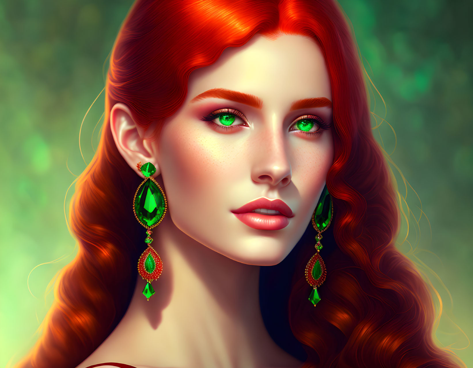 Vibrant red-haired woman with emerald green eyes and earrings on soft green background