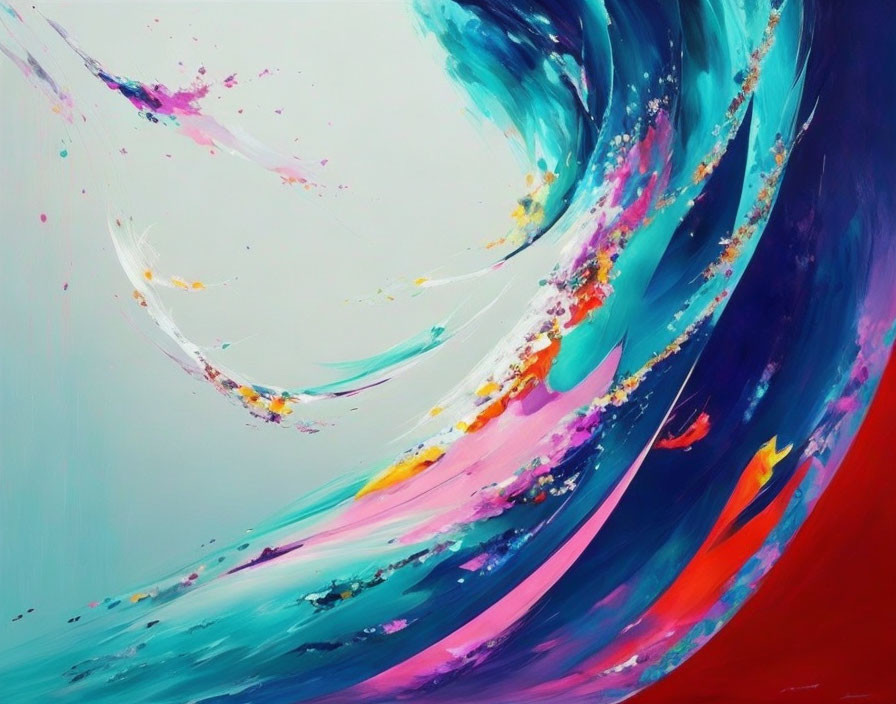 Colorful Abstract Painting with Swirling Blue, Red, White, Yellow, and Pink Hues