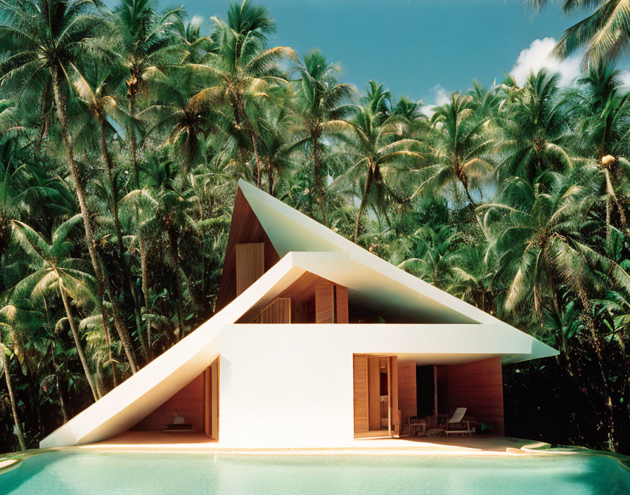 Geometric house with triangular roof by palm trees and pool