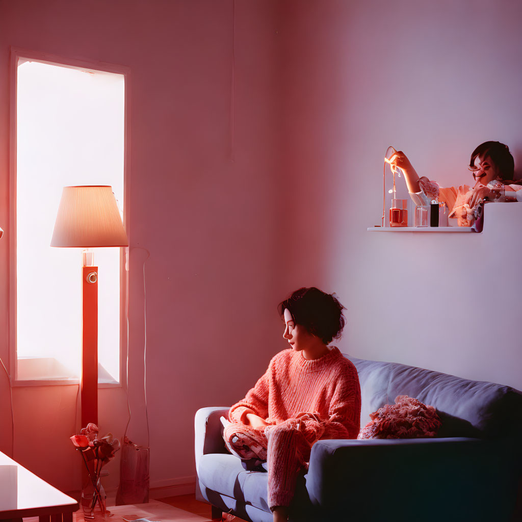 Two individuals in cozy room with warm lighting, one knitting on blue sofa, other standing by shelf.