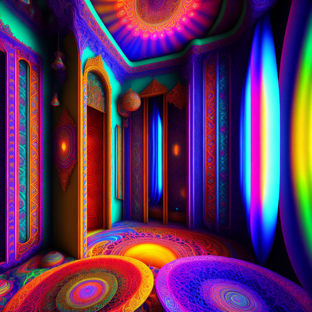 Colorful psychedelic room with neon patterns and glowing mandalas