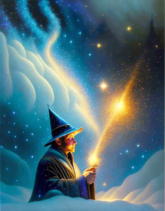 Wizard in Starry Snowy Landscape with Glowing Wand