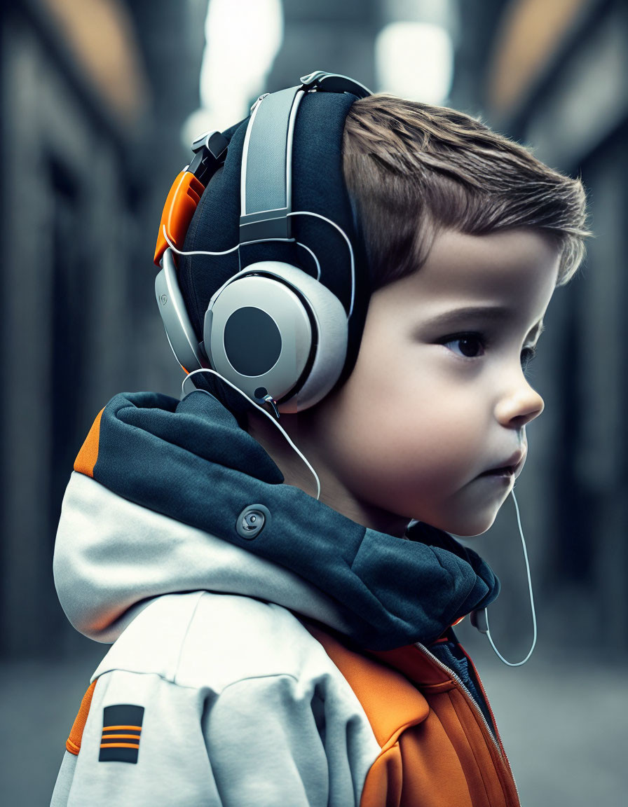 Serious young child in stylish attire with large headphones in alleyway