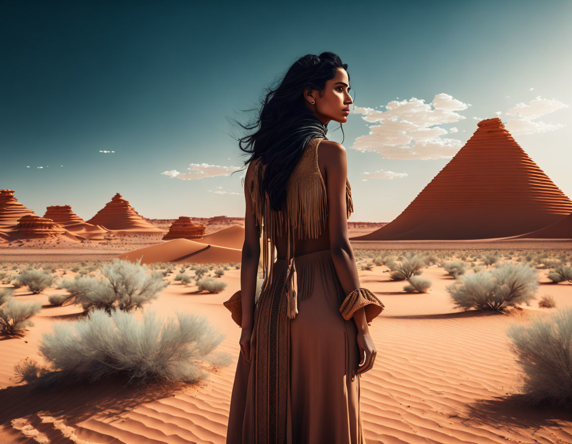 Fringe dress woman gazes at distant pyramids in desert landscape