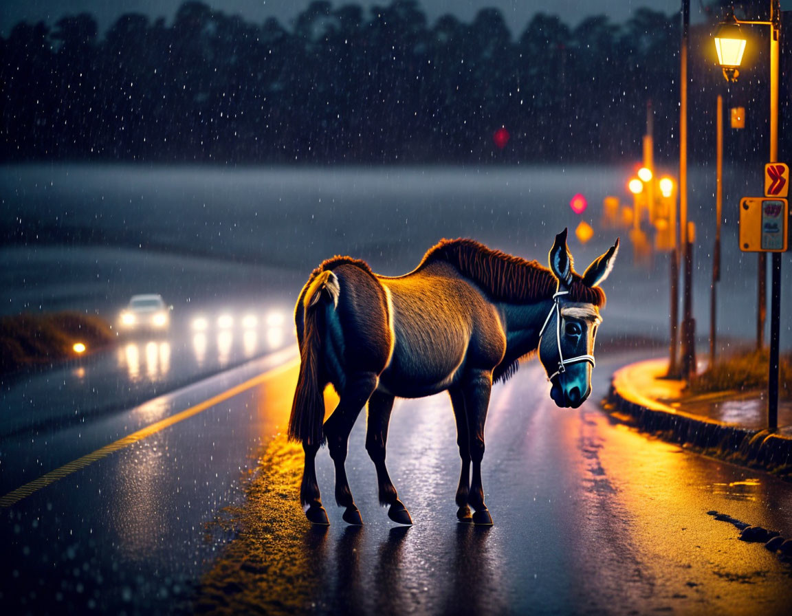 Donkey standing on wet road at night with approaching car