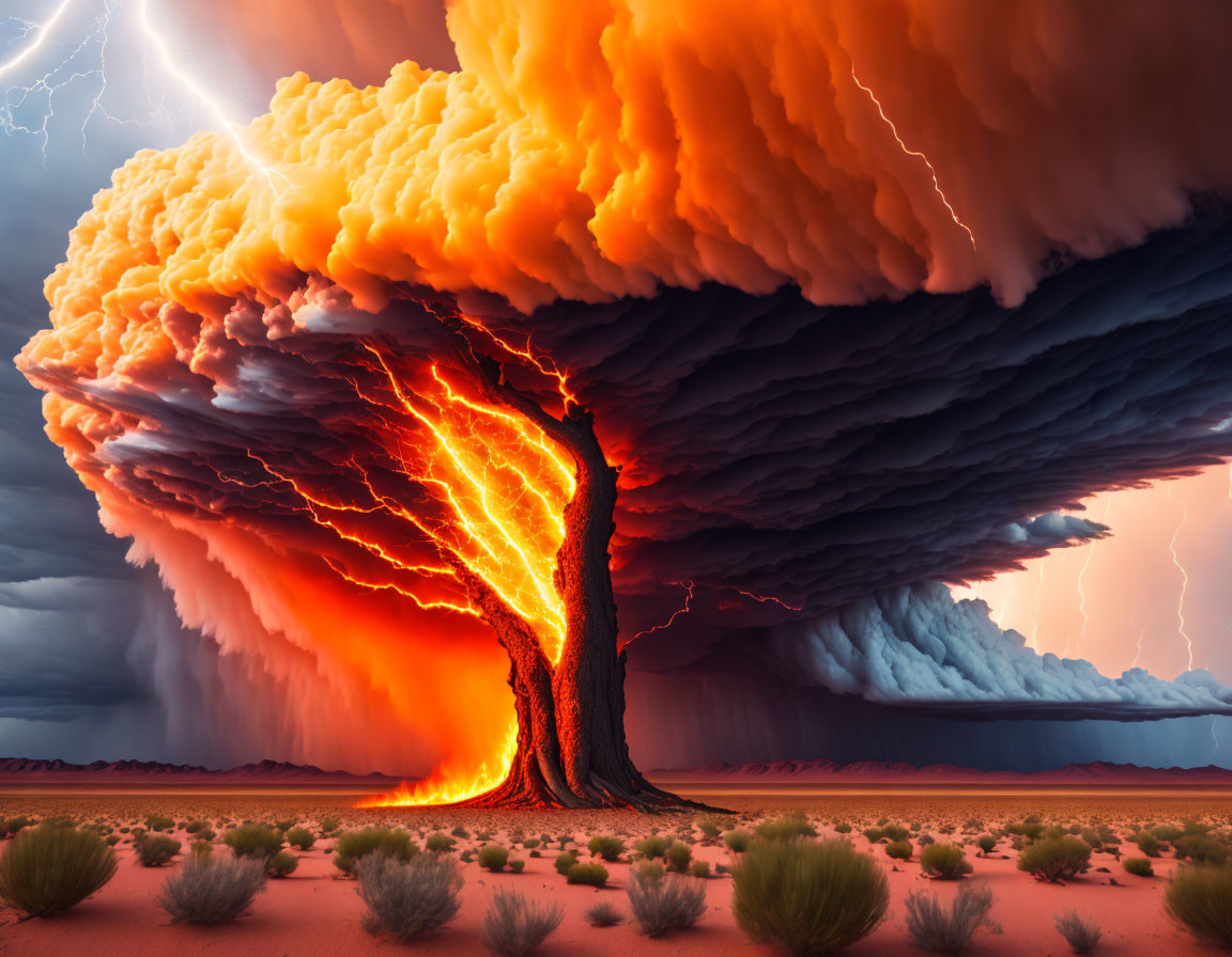 Vibrant fiery explosion under stormy sky in desert landscape