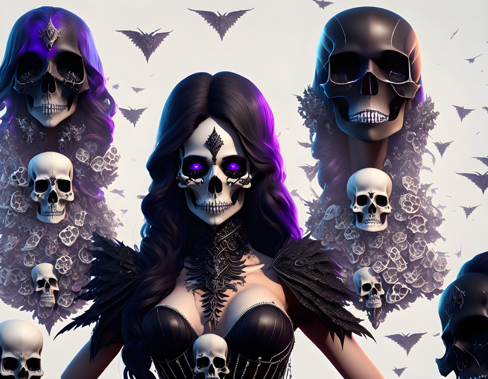 Dark-themed artwork: Woman with skull makeup, surrounded by floating skulls and bats, feathered collar,