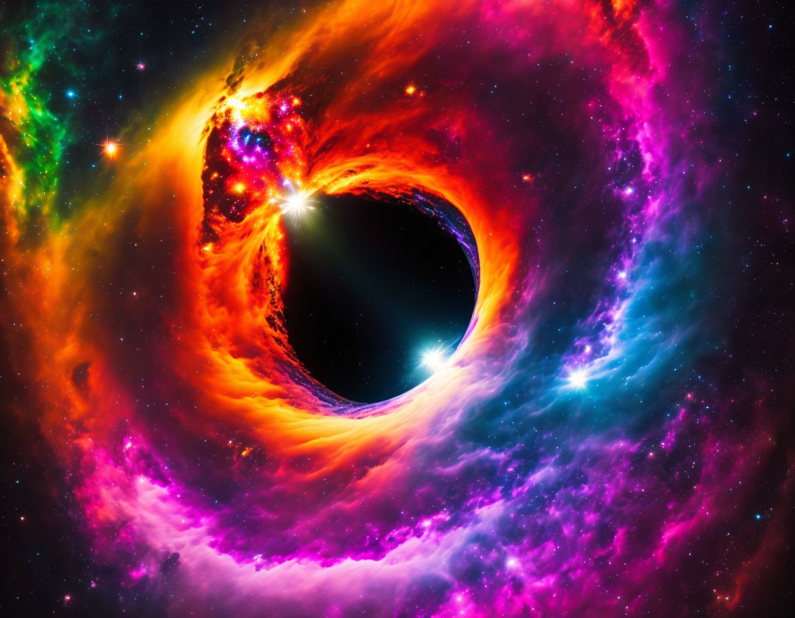 Colorful cosmic gases and stars swirling around a black hole in space