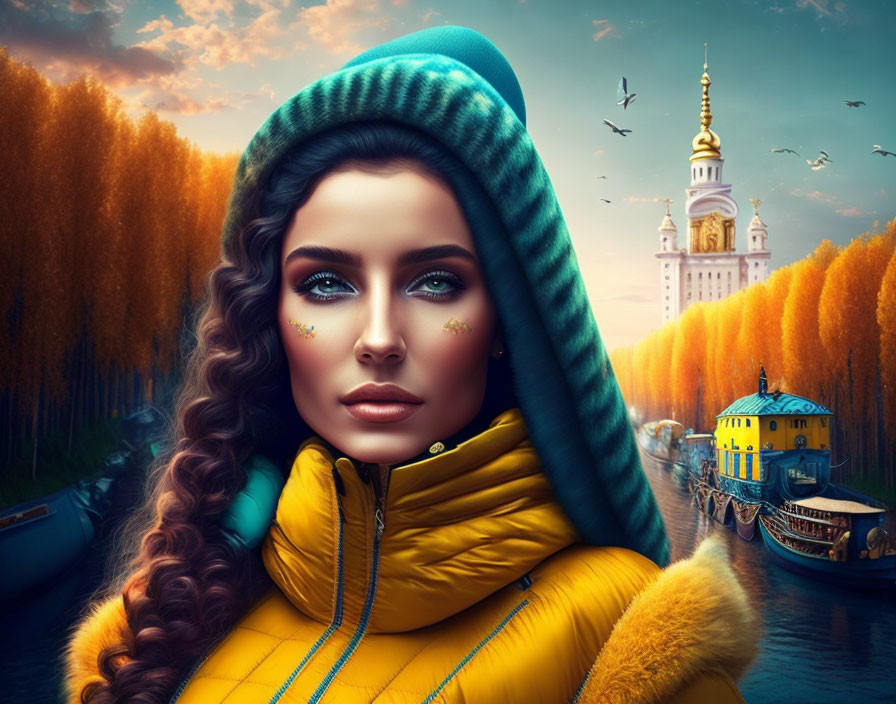 Long Curly-Haired Woman in Yellow Jacket by Autumnal River